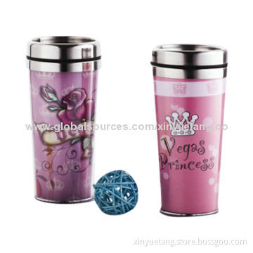 16oz Full Color Paper Insert Double Wall Promotional Plastic Mugs, 8.4 x 17.8cm SizeNew